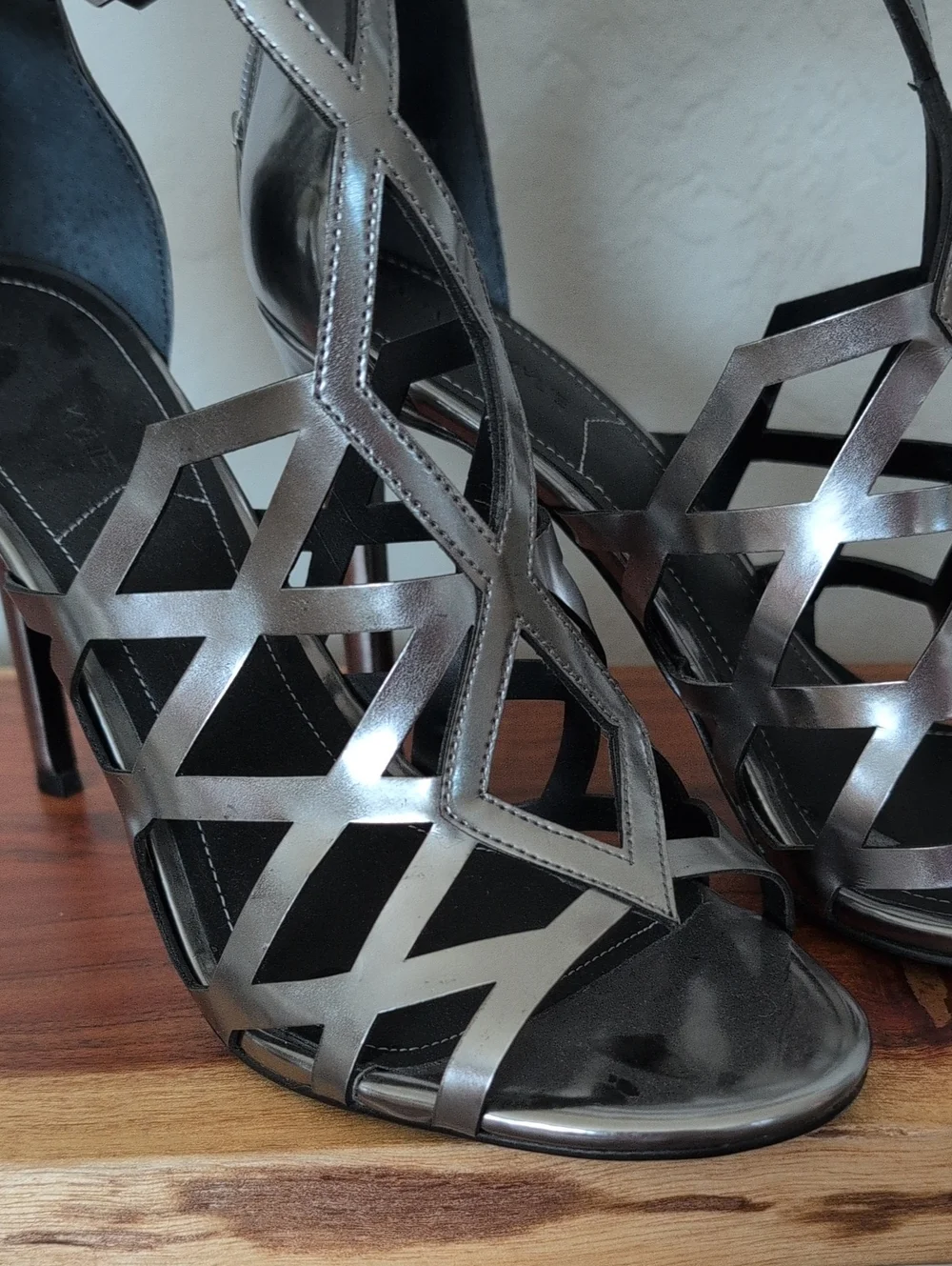 Kendall & Kylie Elana Metallic Silver Geometric Cutout Stiletto Caged Heels